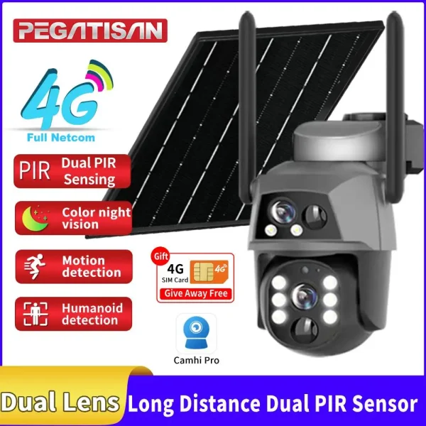 Dual Lens 4G Solar Camera Dual PIR Human Detection Night Vision Security Video Waterproof IP Camara 8MP 4K Battery CCTV Monitor